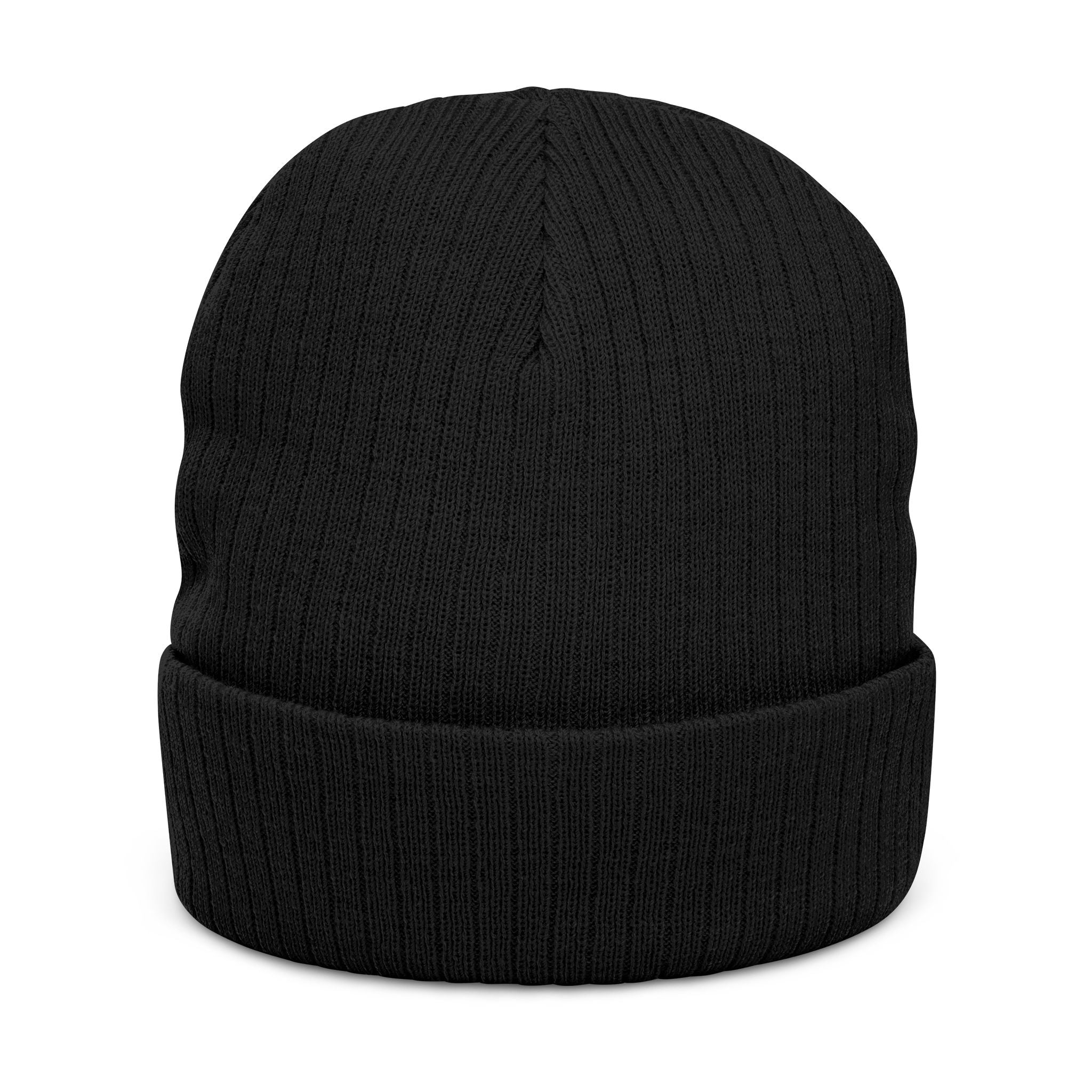 Embroidered D&M Ribbed Knit Beanie — Classic Black Cuffed Winter Hat