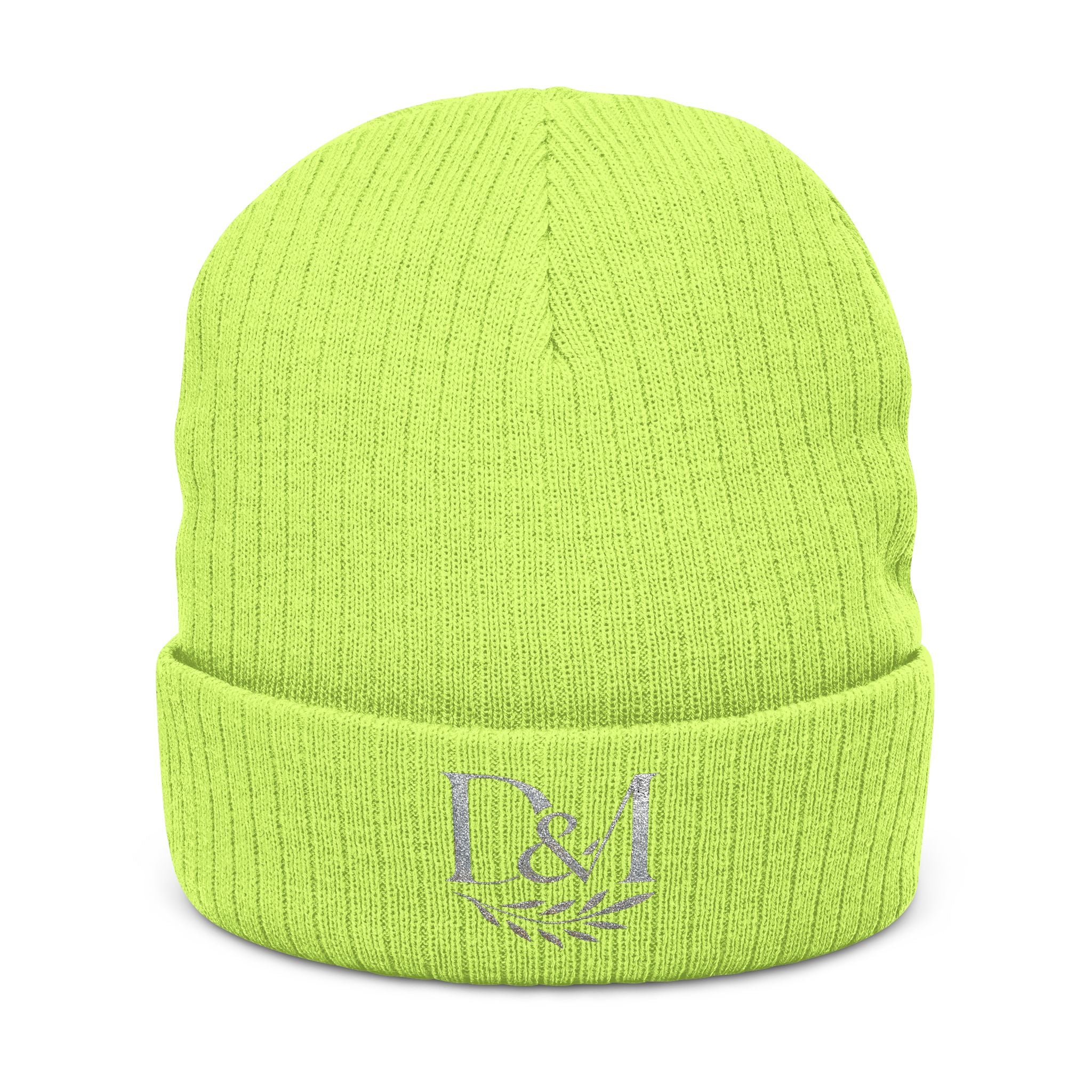 Embroidered D&M Ribbed Knit Beanie — Classic Black Cuffed Winter Hat