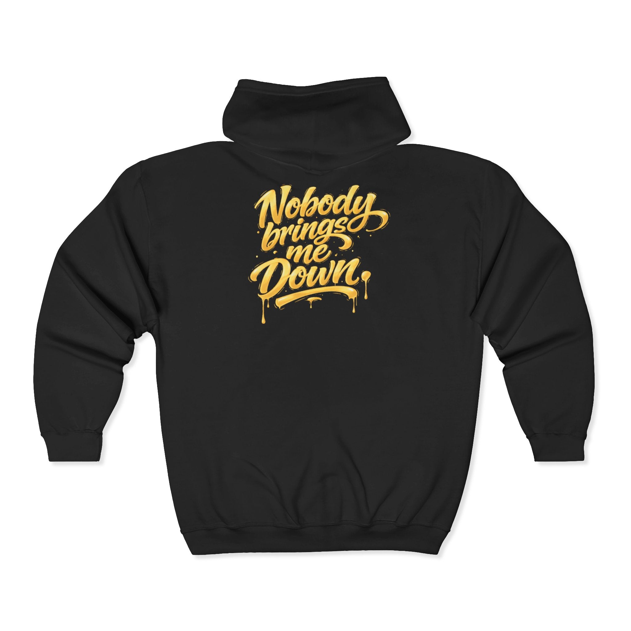Full-Zip Hoodie — D&M Laurel Logo with “Nobody Brings Me Down” Gold Script