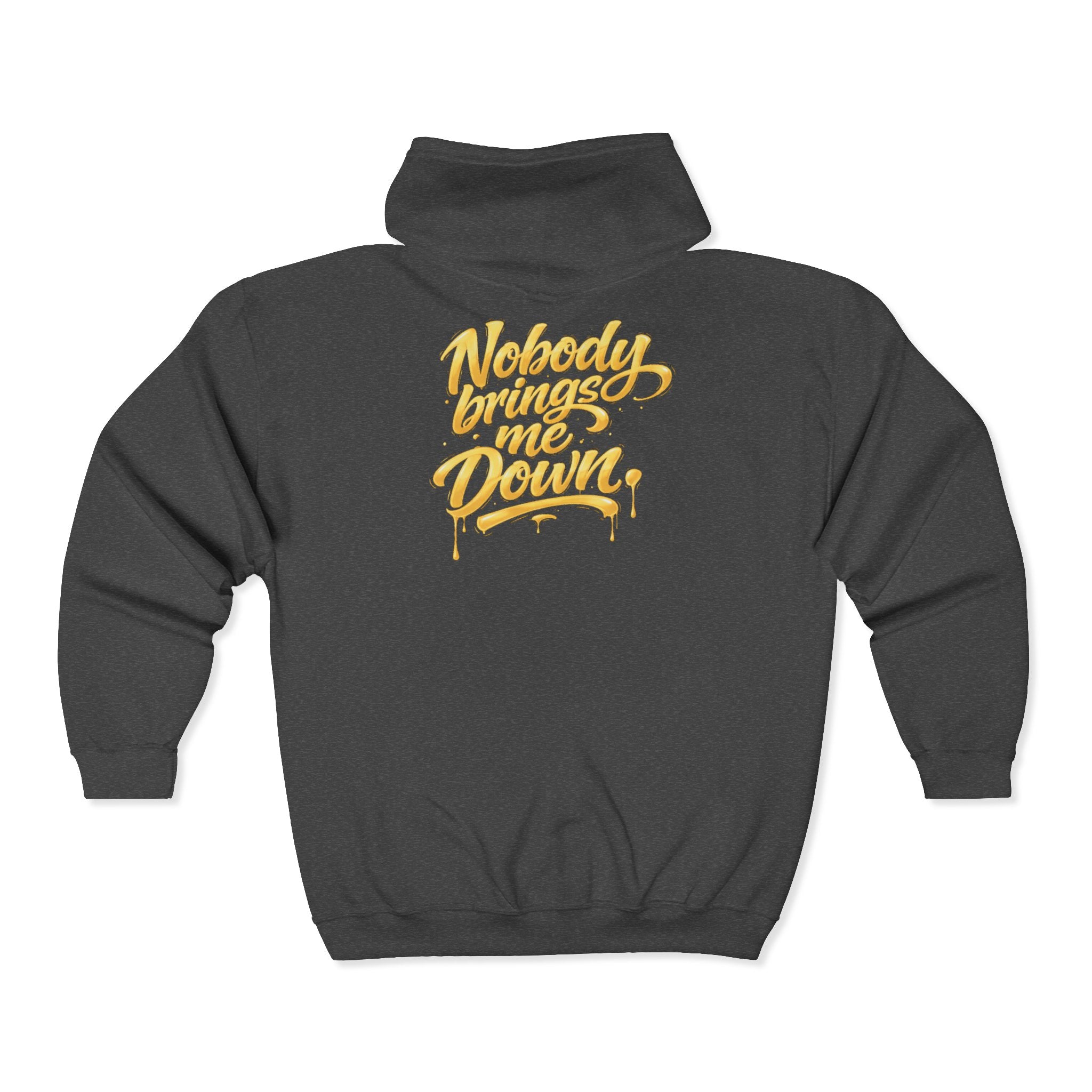 Full-Zip Hoodie — D&M Laurel Logo with “Nobody Brings Me Down” Gold Script