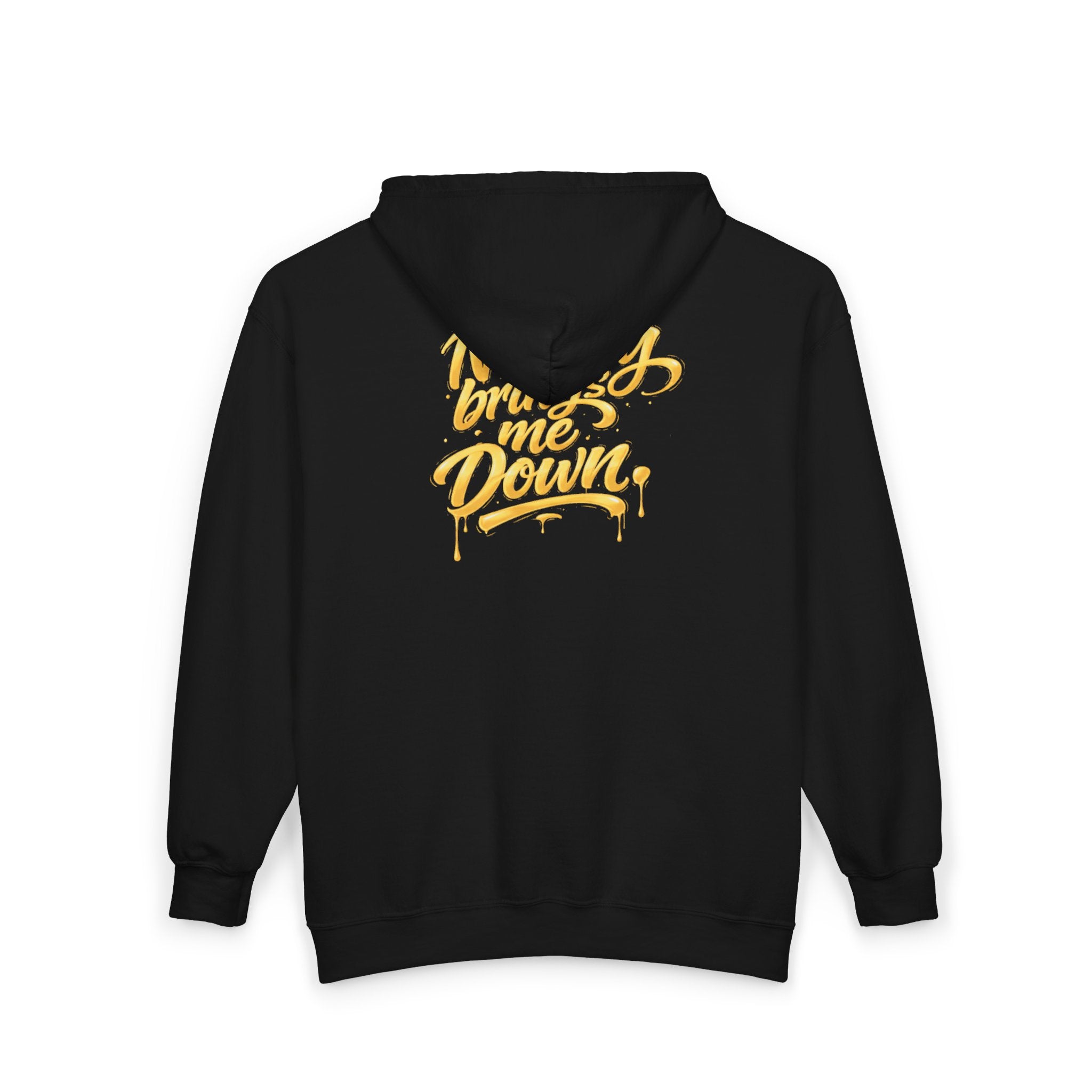 Full-Zip Hoodie — D&M Laurel Logo with “Nobody Brings Me Down” Gold Script