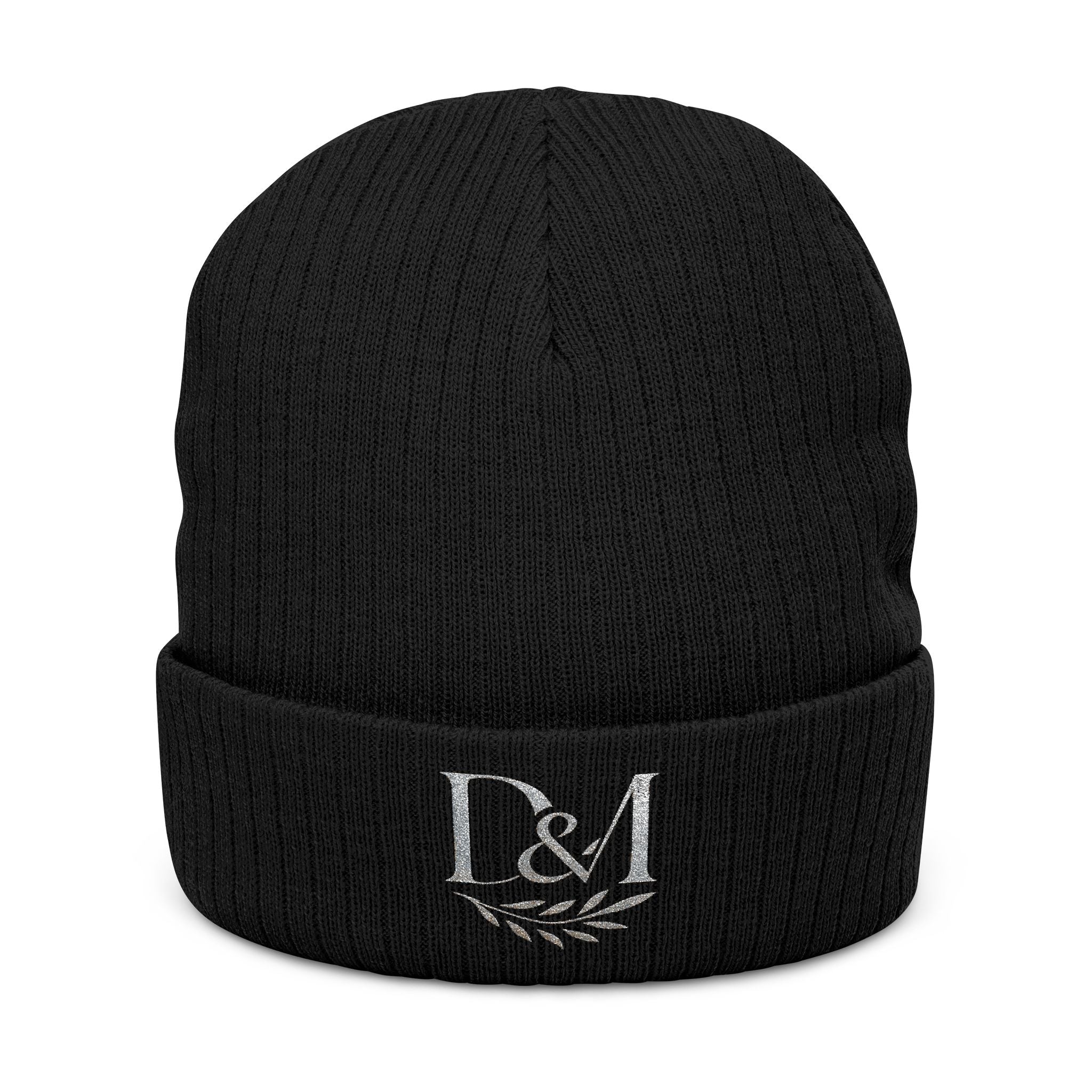 Embroidered D&M Ribbed Knit Beanie — Classic Black Cuffed Winter Hat